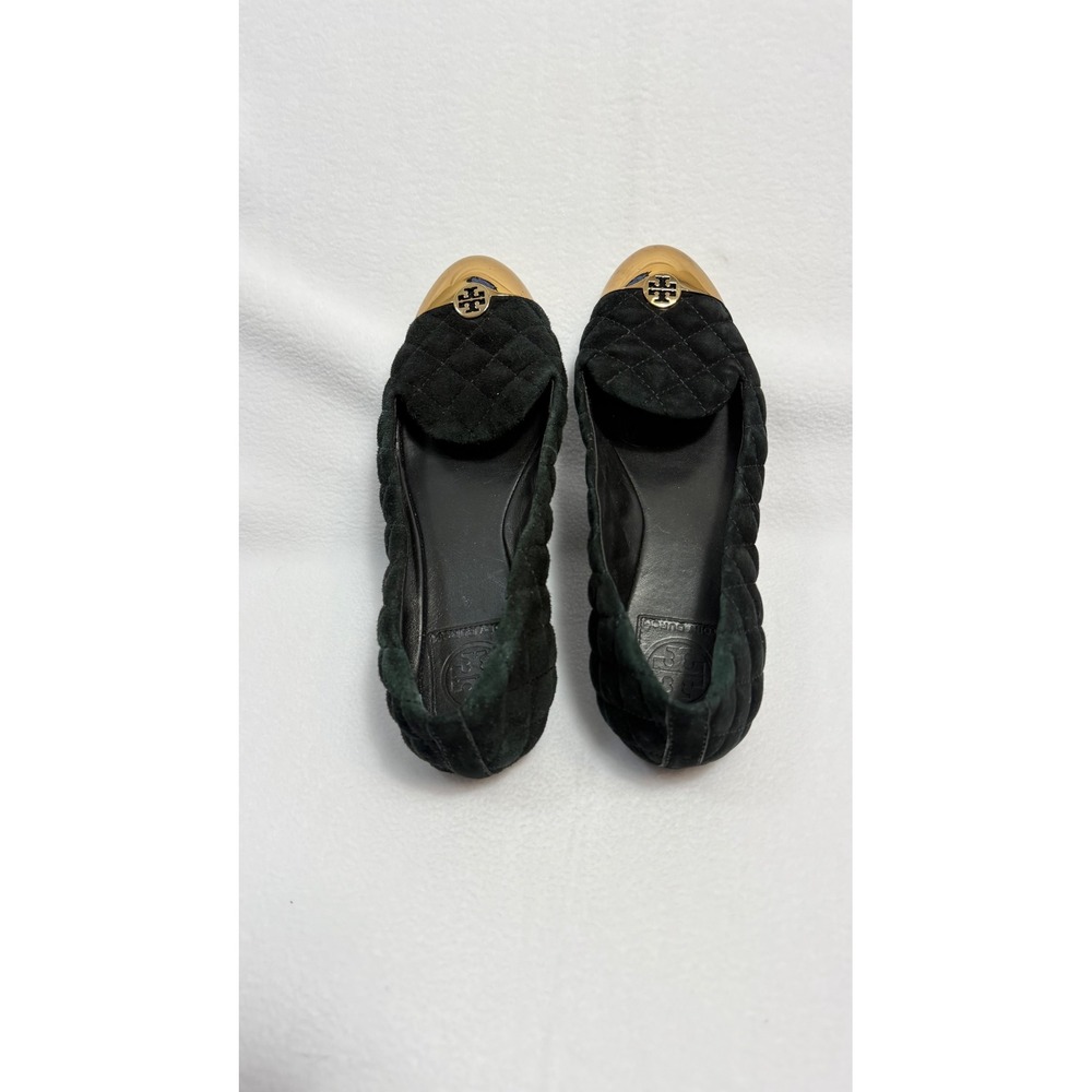 Tory Burch Ballet Flats Black Quilted Suede Gold Cap Toe Womens 7.5M